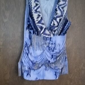 Bisou Bisou Blue and White Patterned Blouse